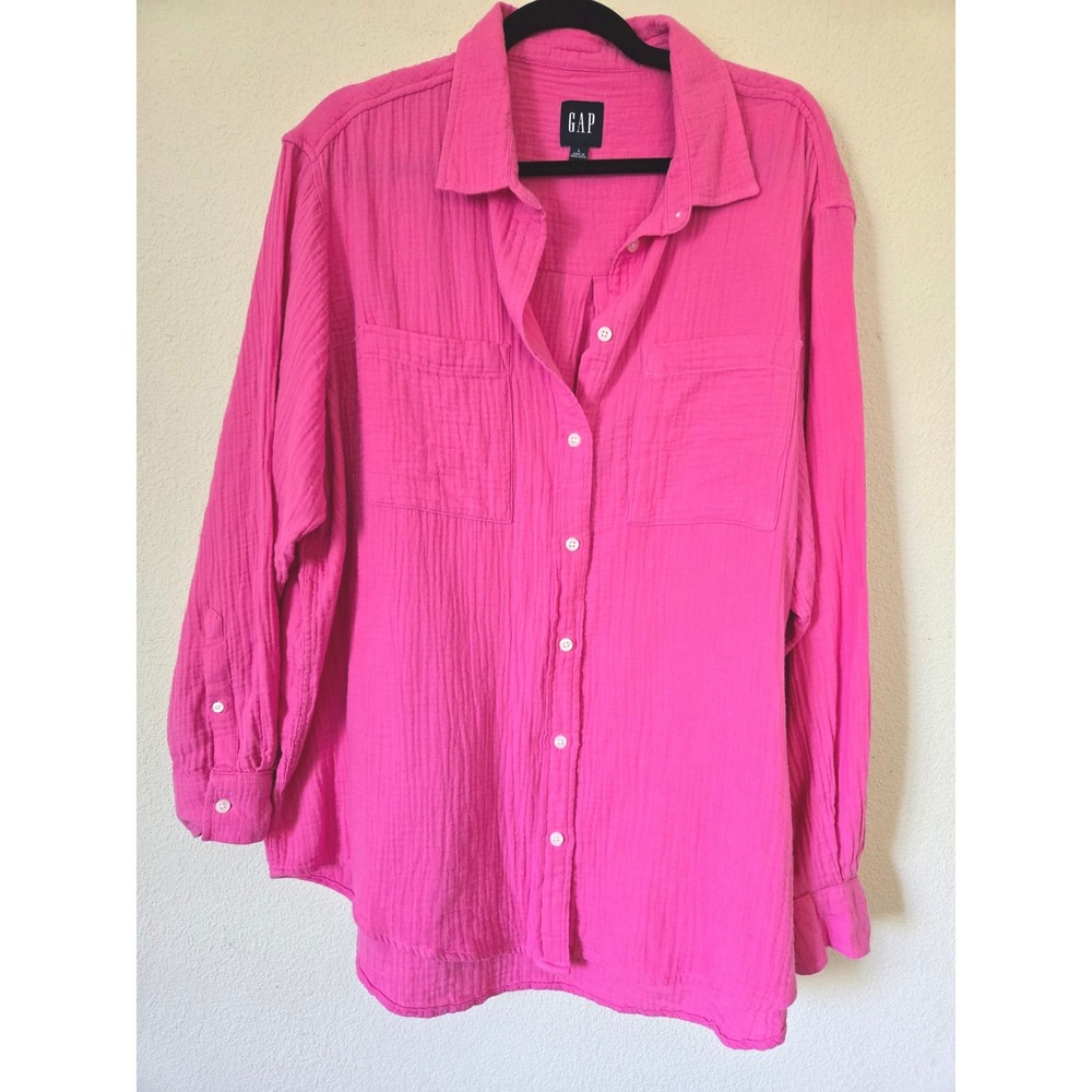 Gap Womens Hot Pink Cotton Double Gauze Button Down Top Large Oversized Crinkle - Picture 9 of 9